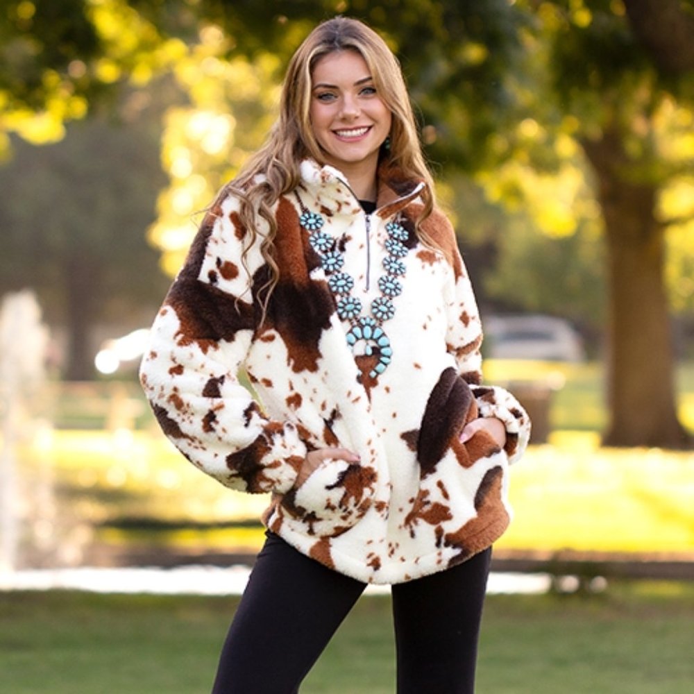 Country Western Cow Print Jacket - Faux Fur Sherpa Jacket - Soft & Fluffy Brown